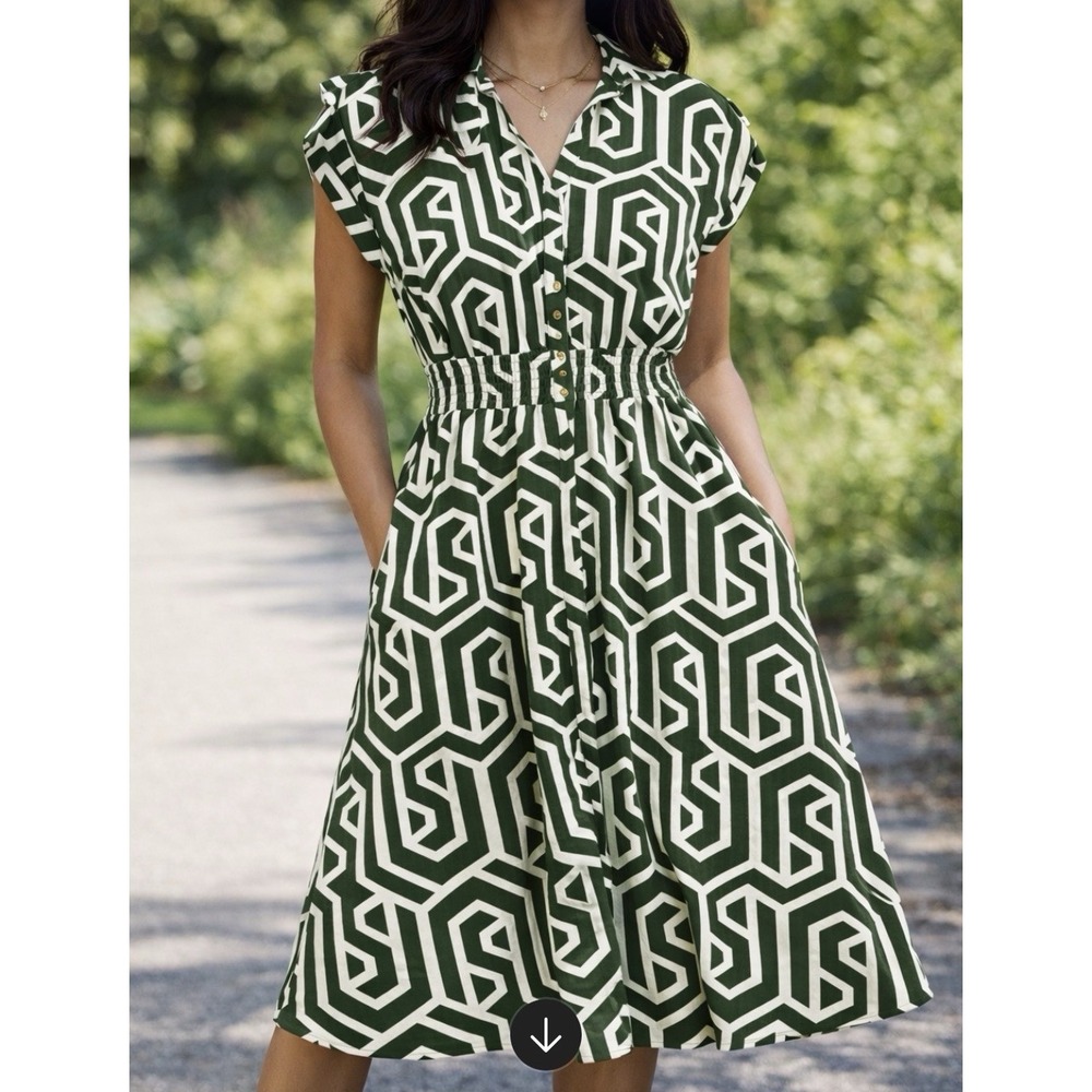 Alex Parker Shirt Dress M Green White Geometric Gold Accents Midi Casual Summer